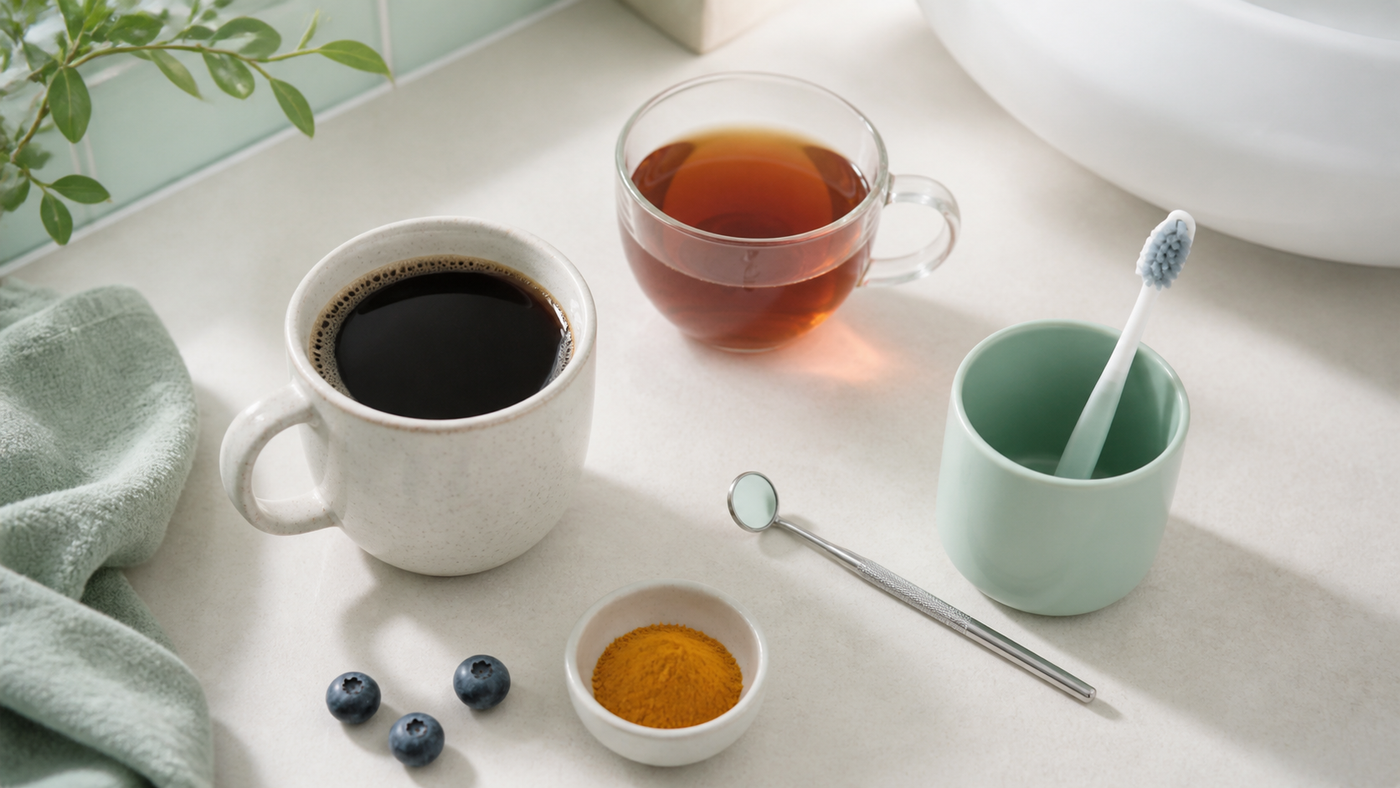Tasse de café, thé, myrtilles, curcuma, brosse à dents et miroir dentaire sur un plan de salle de bain clair