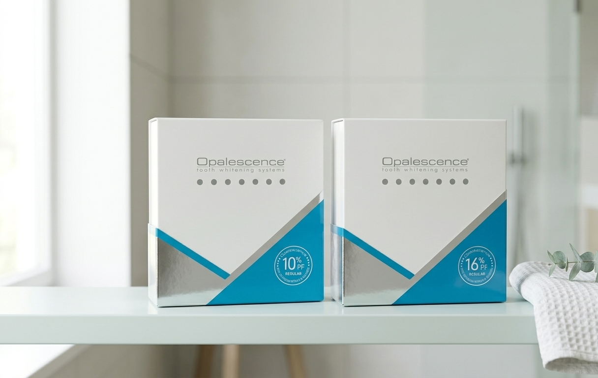 Boîtes Opalescence PF 10 % et 16 % Regular posées côte à côte sur une tablette de salle de bain claire
